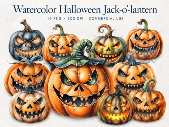 Download Watercolor Creepy Jack O Lantern Bundle - Jack o lantern Collection